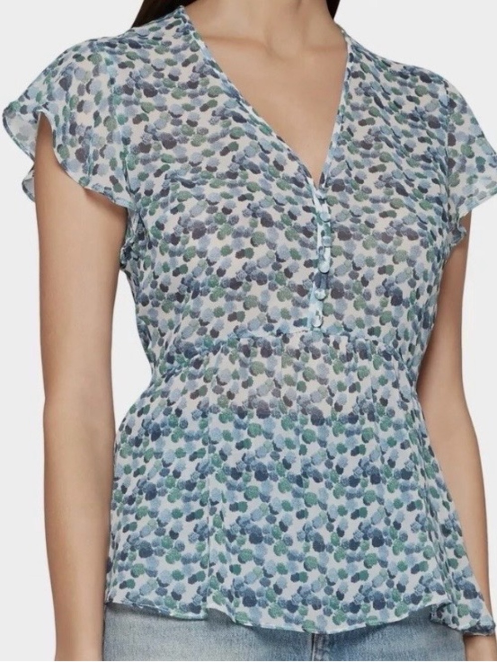 Club Monaco Silk Flutter Sleeve Peplum Printed Top Small